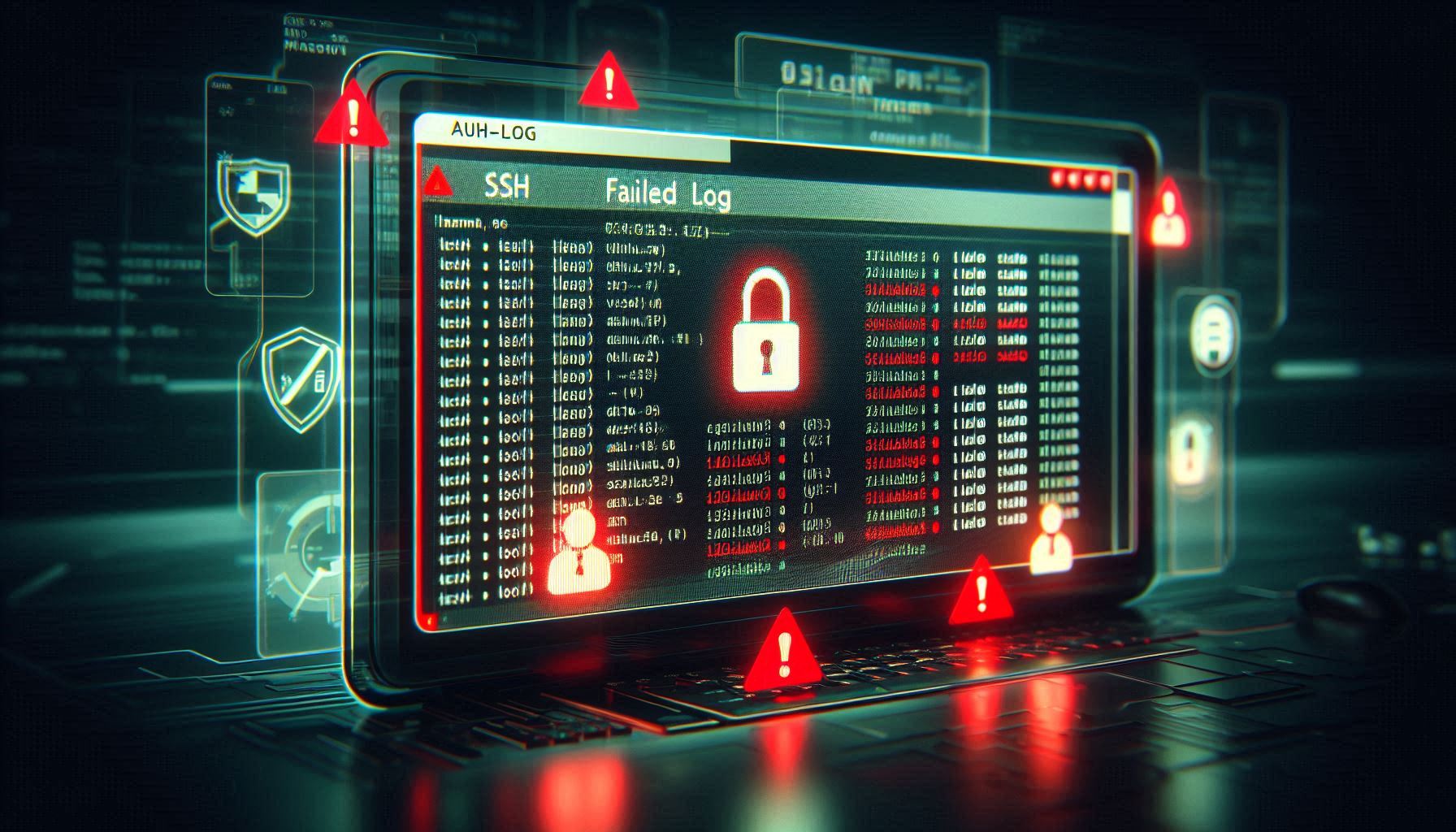 Linux terminal showing auth.log with failed SSH login attempts and fail2ban blocking IPs
