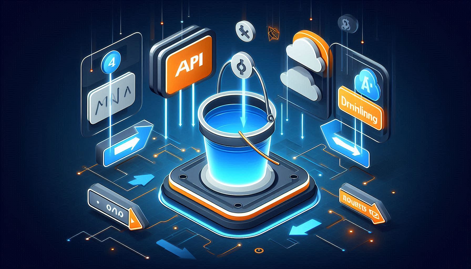 Diagram showing token bucket rate limiting algorithm with request flow