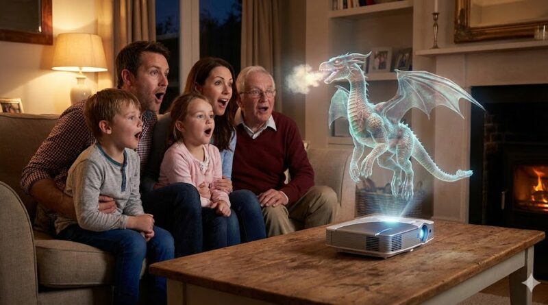 family watching holographic light field display living room 2025
