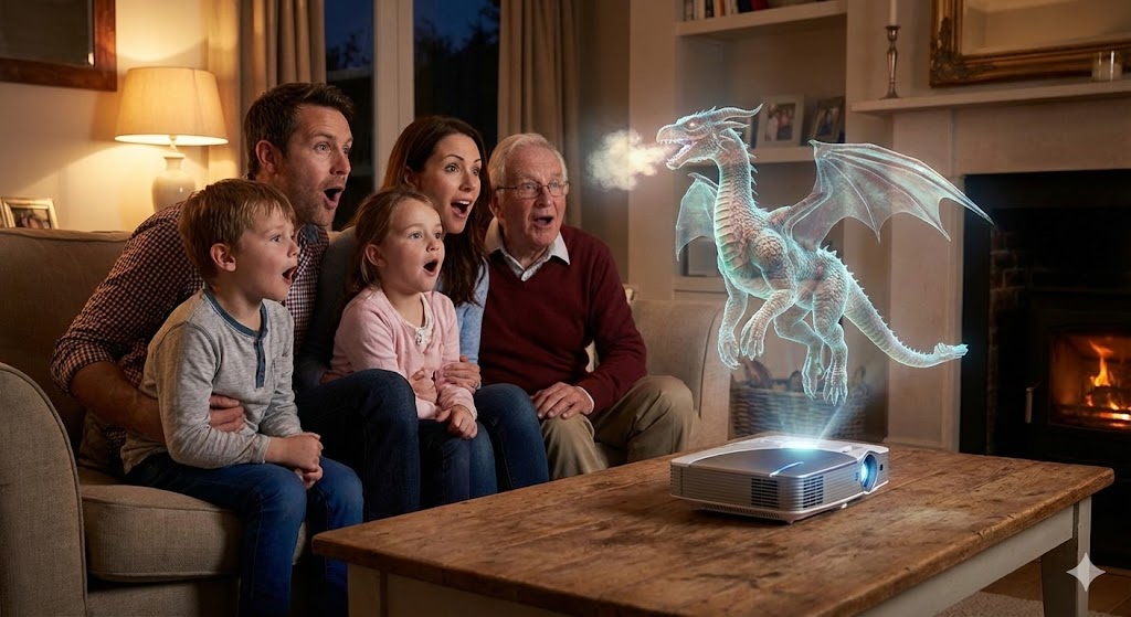 family watching holographic light field display living room 2025