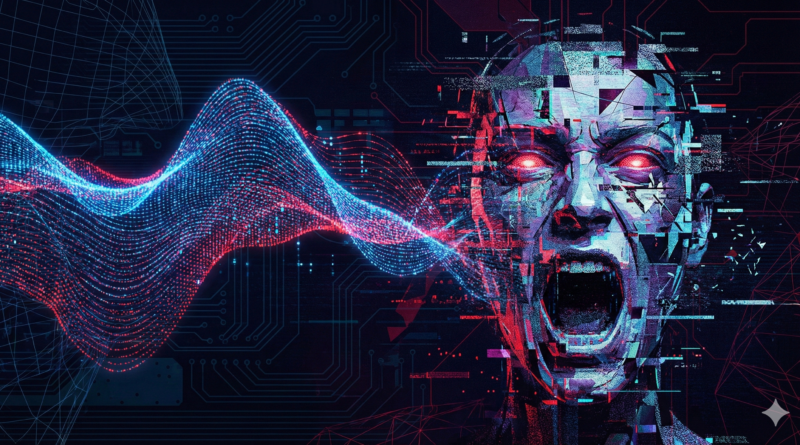 AI voice cloning waveform visualization cyber security threat.