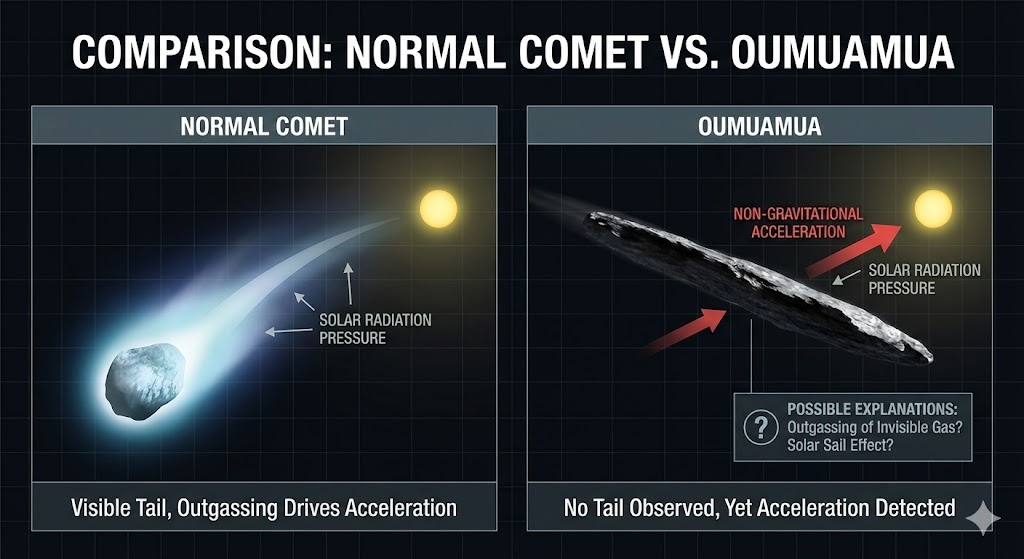 Diagram comparing comet outgassing acceleration versus 'Oumuamua anomaly.