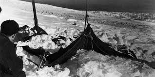 The abandoned tent at Dyatlov Pass related to the Dyatlov Pass Incident, slashed from the inside found by rescue team.