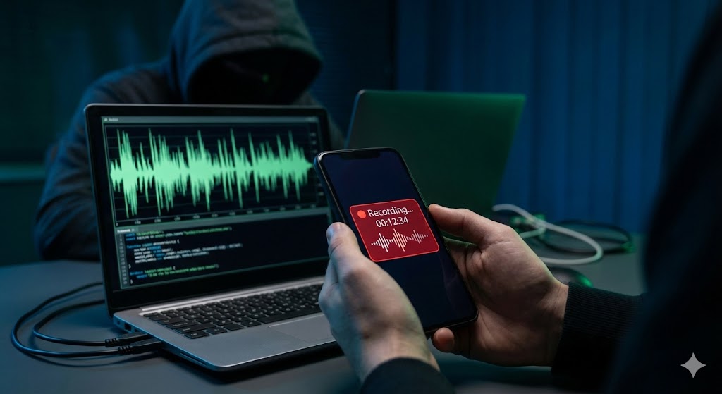 Hacker recording voice from phone call to create AI deepfake clone.