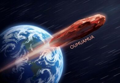 Artistic illustration of Oumuamua interstellar object passing Earth at high speed.