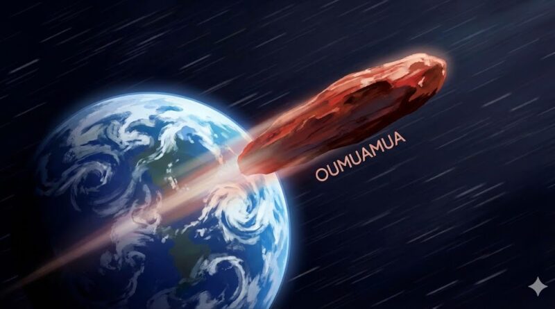 Artistic illustration of Oumuamua interstellar object passing Earth at high speed.
