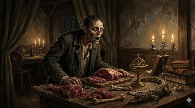 Illustration of Tarrare the insatiable eater in 18th century France.