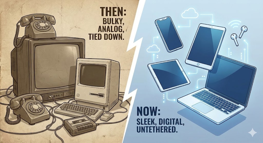The contrast between a luxury item and old furniture, depicting the start of the Diderot Effect and its effects.